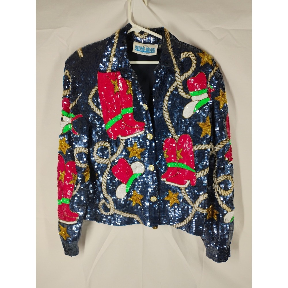 Vtg Stone River Western Wear Womens LARGE 100%‎ Silk Sequin Jacket Rodeo Cowboy